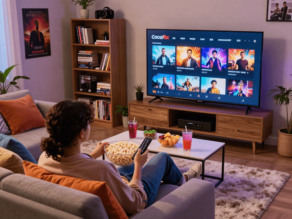 Enjoying Cocoflix streaming on a cozy living room couch with snacks nearby.