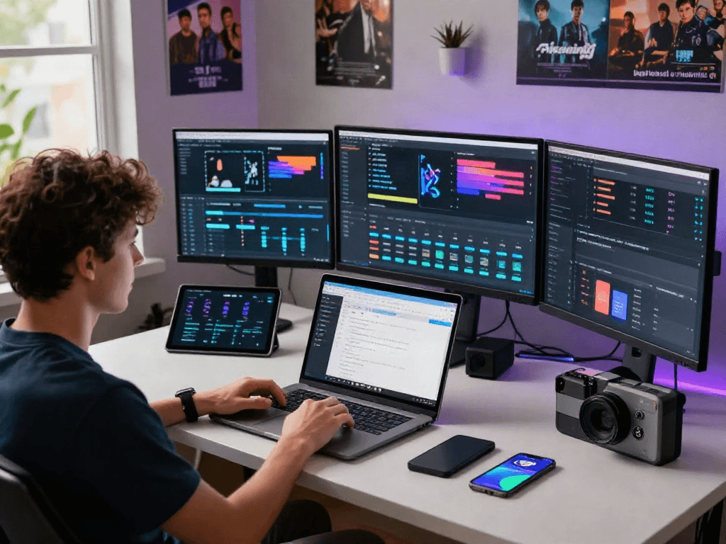 Pikashow streaming interface displayed on a modern tech workspace with vibrant lighting and gadgets.