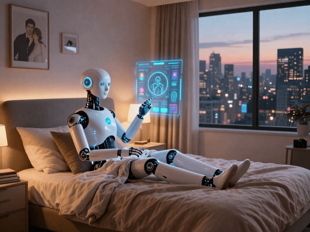 An individual interacting with a sex bot in a modern tech room, showcasing advanced AI features.