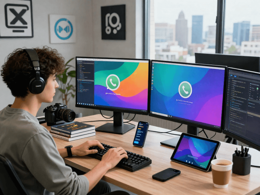 Developer engaging with gb WhatsApp interface in a modern tech workspace with dual monitors and stylish decor.