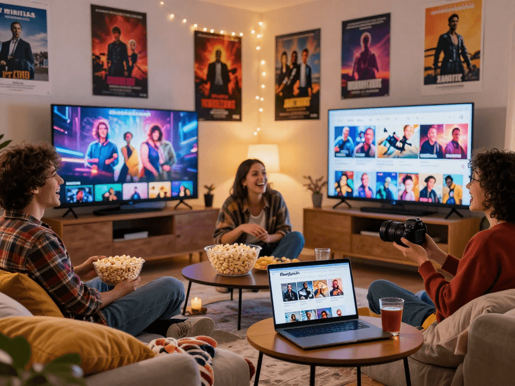 Group enjoying a movie night at home, featuring the filmyzilla download site, cozy atmosphere with snacks.