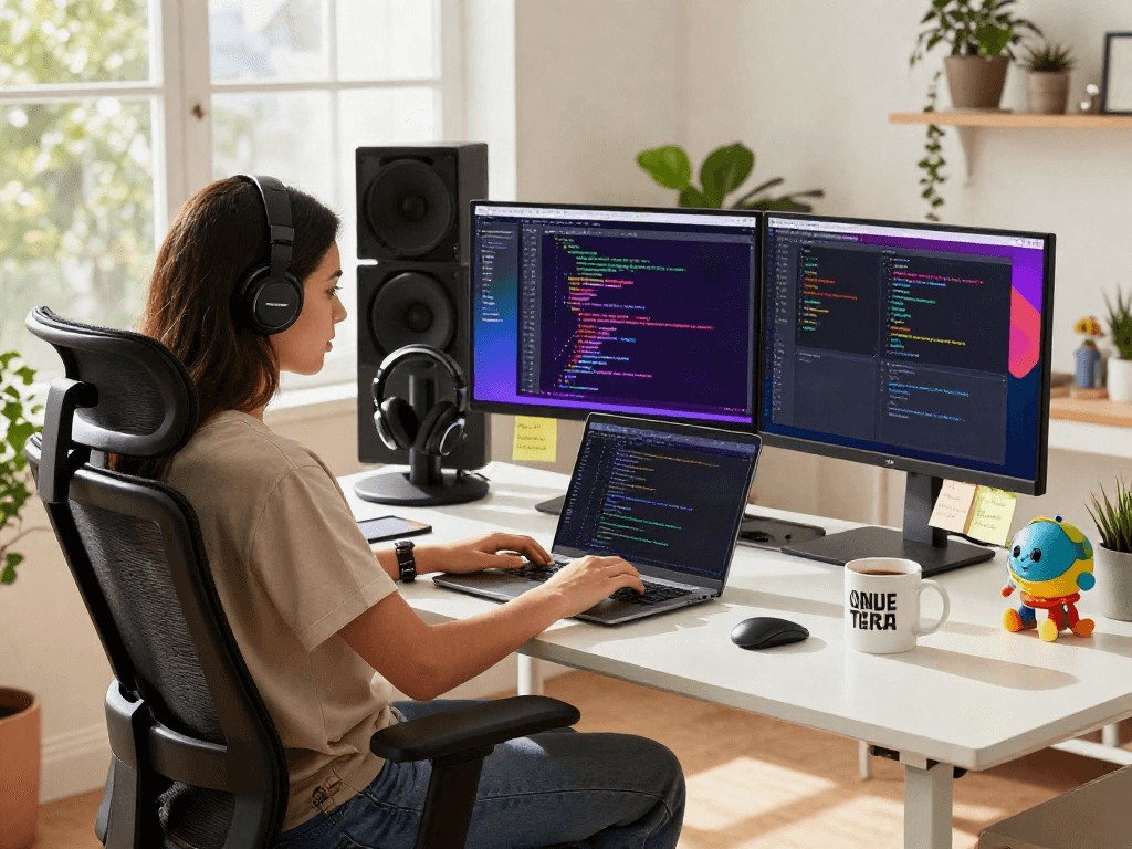 Exciting workspace scene showcasing a software developer working on a Spotify mod project with colorful code and modern desk setup.