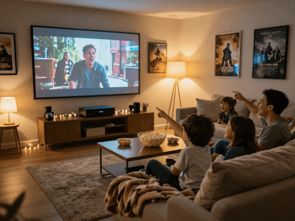 Family enjoying movie night with Moviebox showing on the big screen
