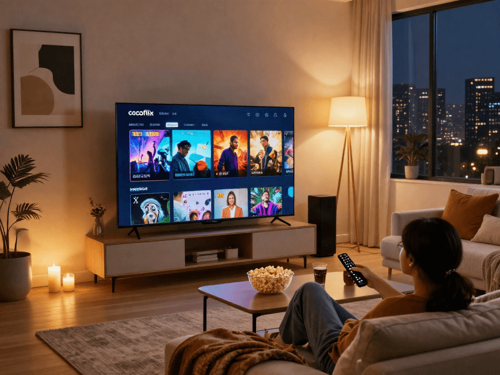 Cocoflix streaming interface on TV in a cozy living room setting