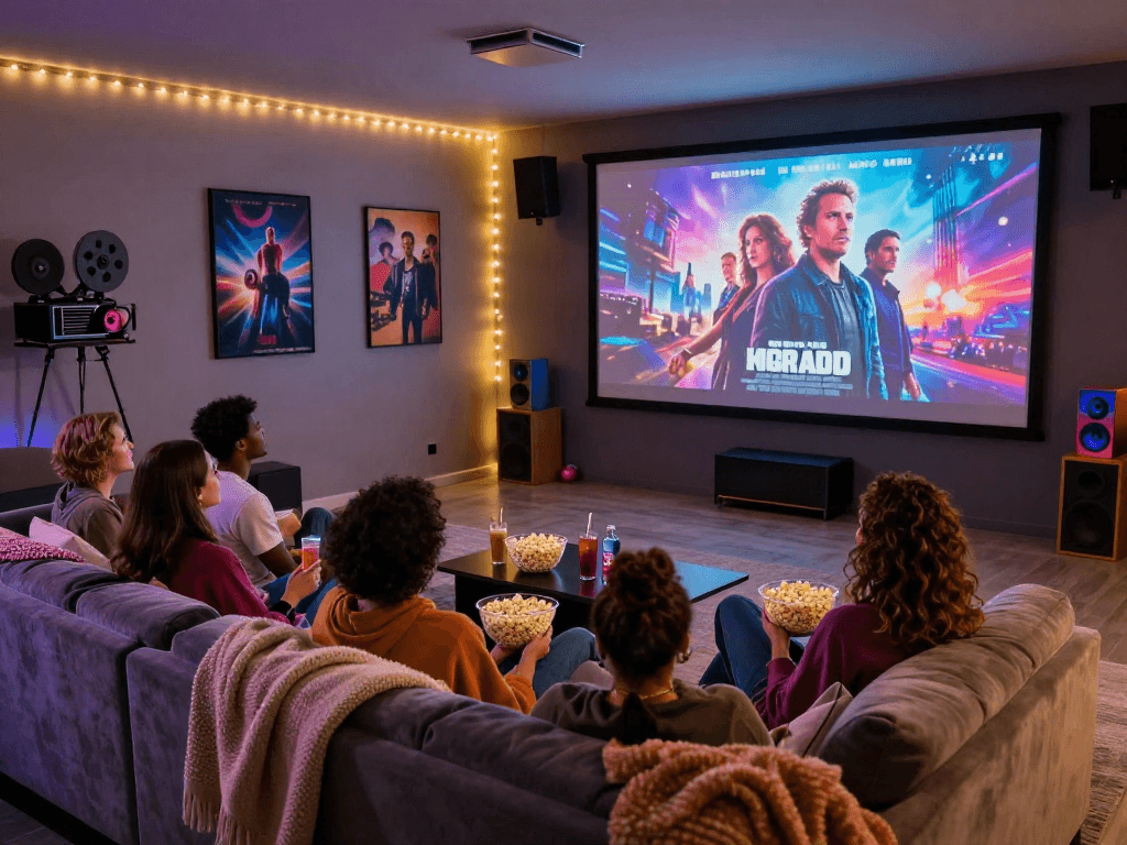 Home theater setting showcasing Moviebox night with friends, cozy decor and vibrant film visuals