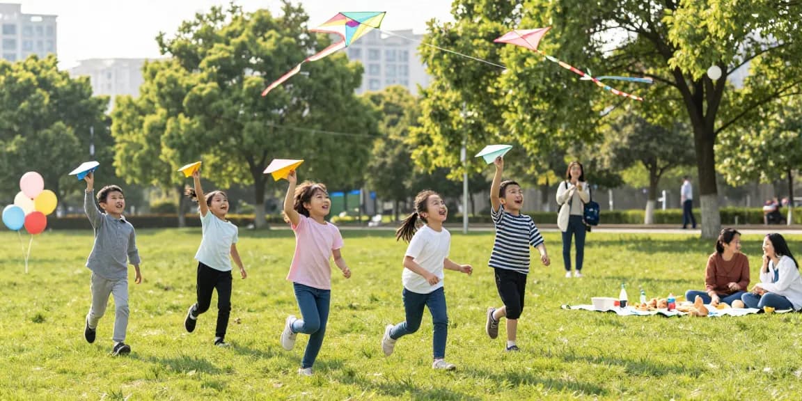 在公园中，孩子们快乐地放飞纸飞机，阳光明媚，绿草如茵。