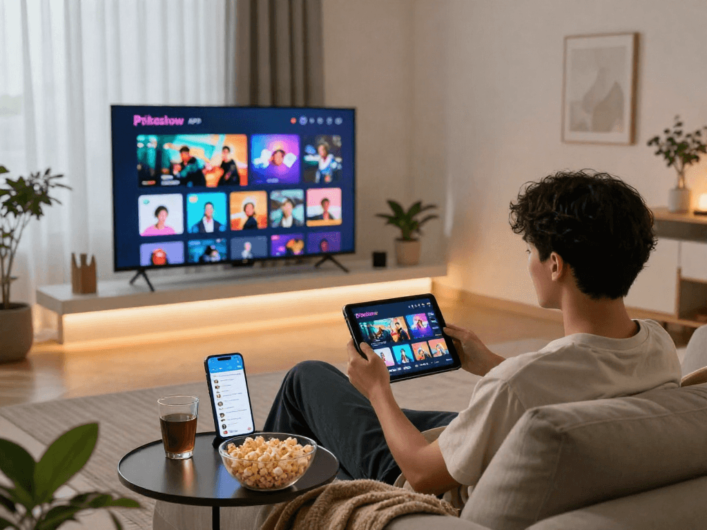 Pikashow APK streaming content on tablet in cozy living room with vibrant lighting.