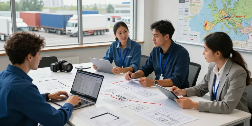 Zuverlässige internationale Transporte mit OCARGO durch erfahrene Fachleute bei der Zusammenarbeit in einem logistischen Zentrum.