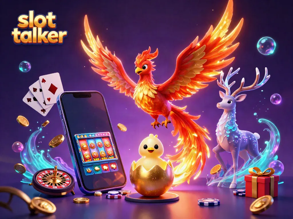 Experience the excitement of slot talker with a vibrant phoenix, slot games, and casino elements.