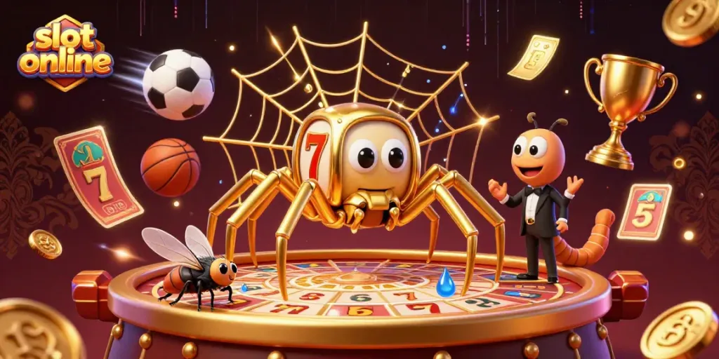 Experience the excitement with slot online as characters spin iconic slot reels amidst vibrant elements and energy.