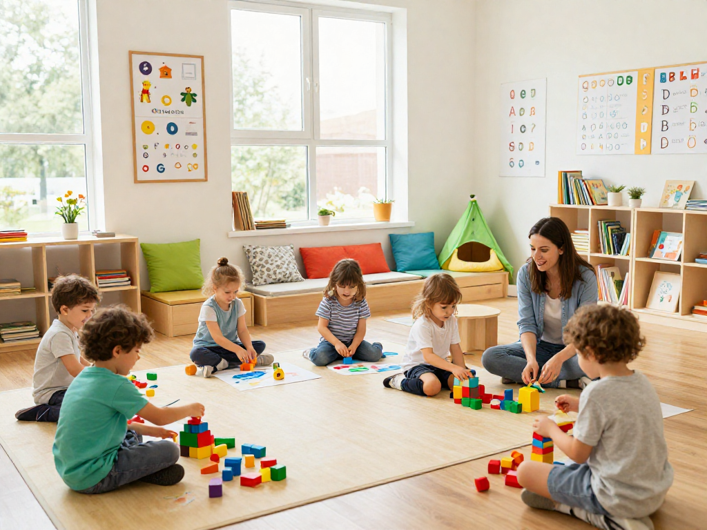 Best preschool Singapore children happily learning through play in bright classroom