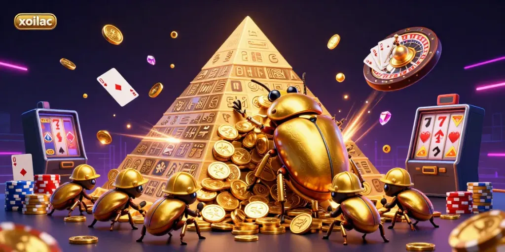 Xoilac features a vibrant 3D scene with a golden dung beetle rolling a coin ball amidst dazzling casino elements, perfect for online gambling.