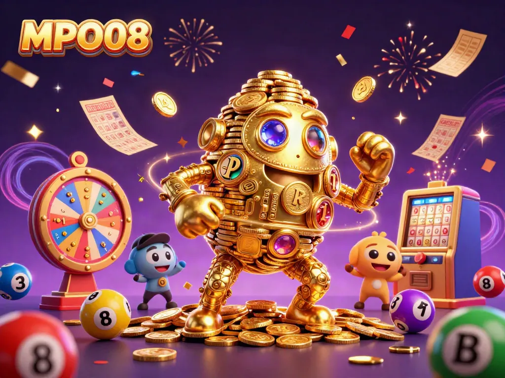 MPO08 showcases a vibrant 3D golem made of golden coins amid colorful lottery elements and celebration effects.