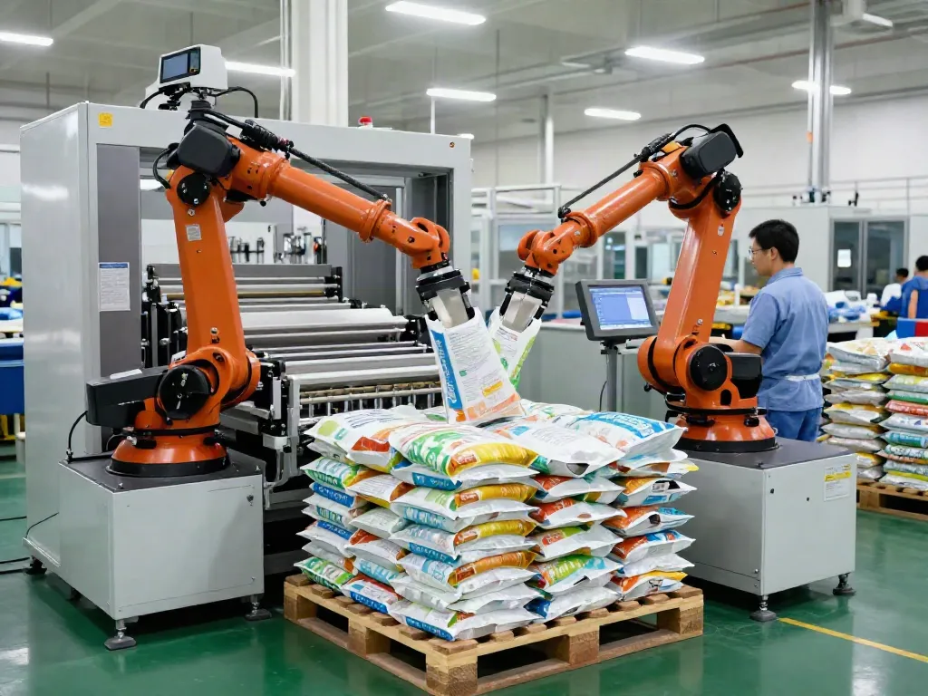 Automatic bag palletizer machine efficiently stacking bags in a modern manufacturing facility.