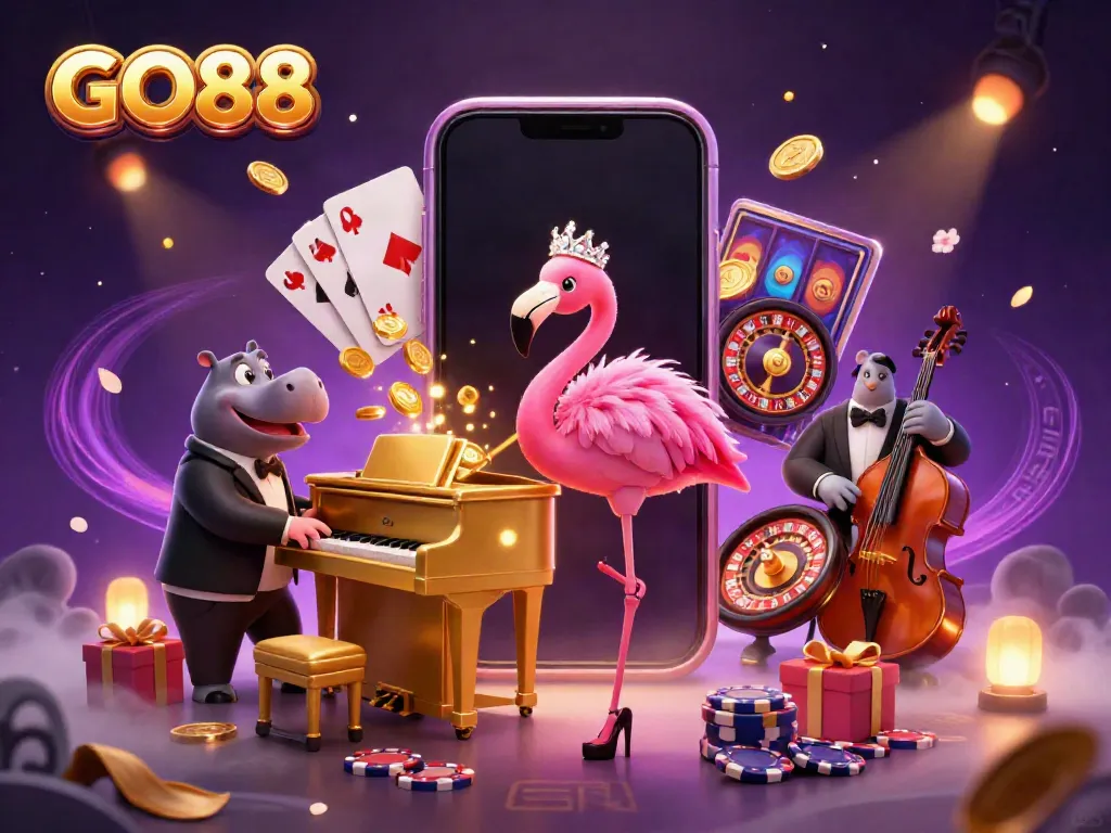 Experience the excitement at GO88 with vibrant casino visuals featuring a flamingo singer and hippo bassist.