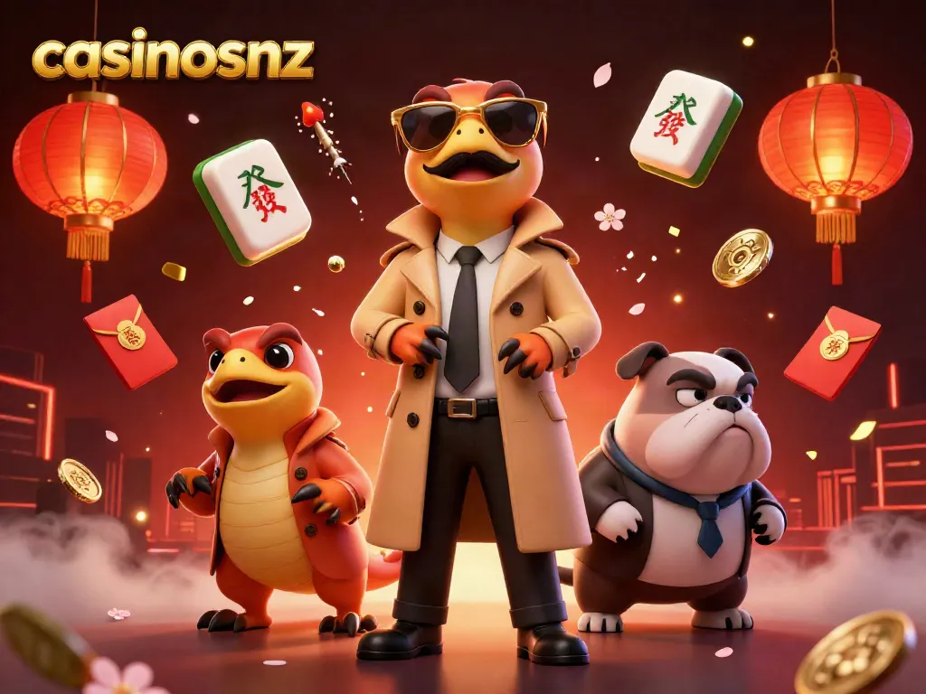 Engage with casinosnz in a vibrant casino scene featuring raptors and a bulldog bouncer.