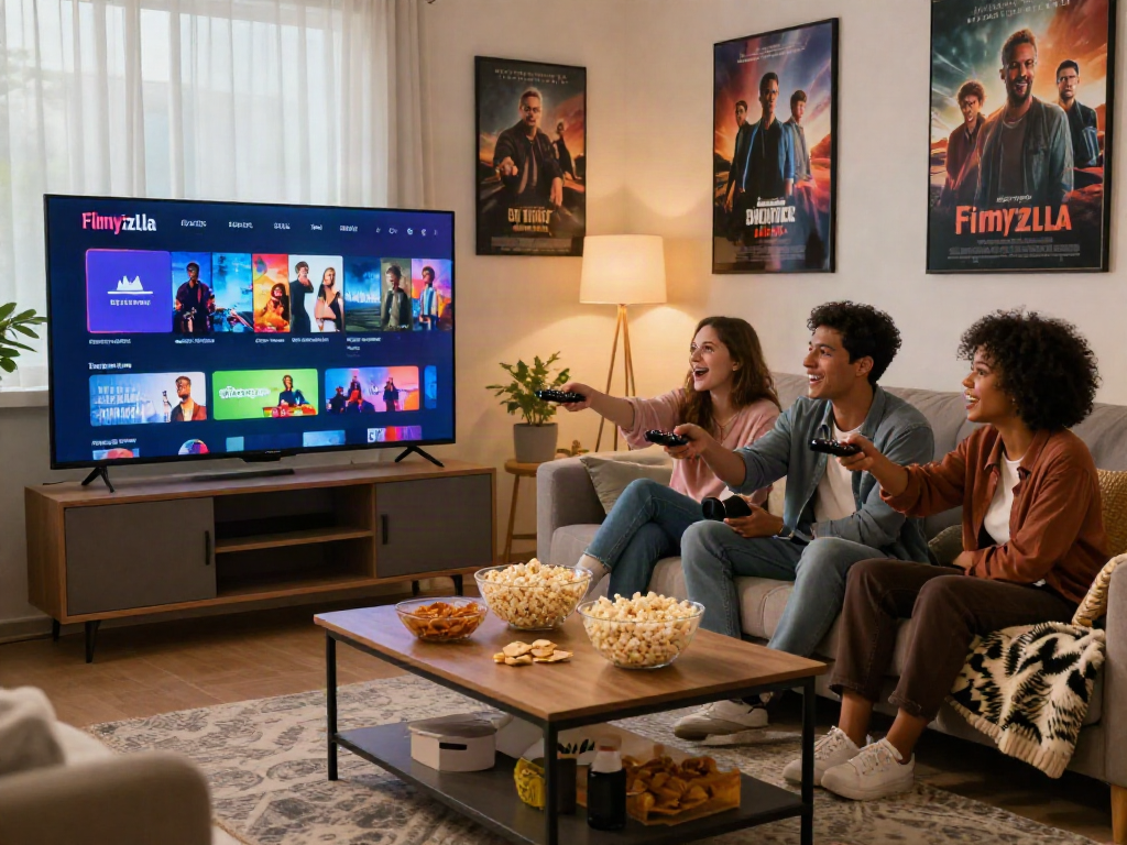 A cozy movie night scene with friends watching Filmyzilla on a smart TV, surrounded by snacks and a warm atmosphere.