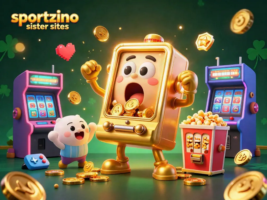 Explore thrilling gameplay at sportzino sister sites with cartoon slot machines and sparkling gold coins.
