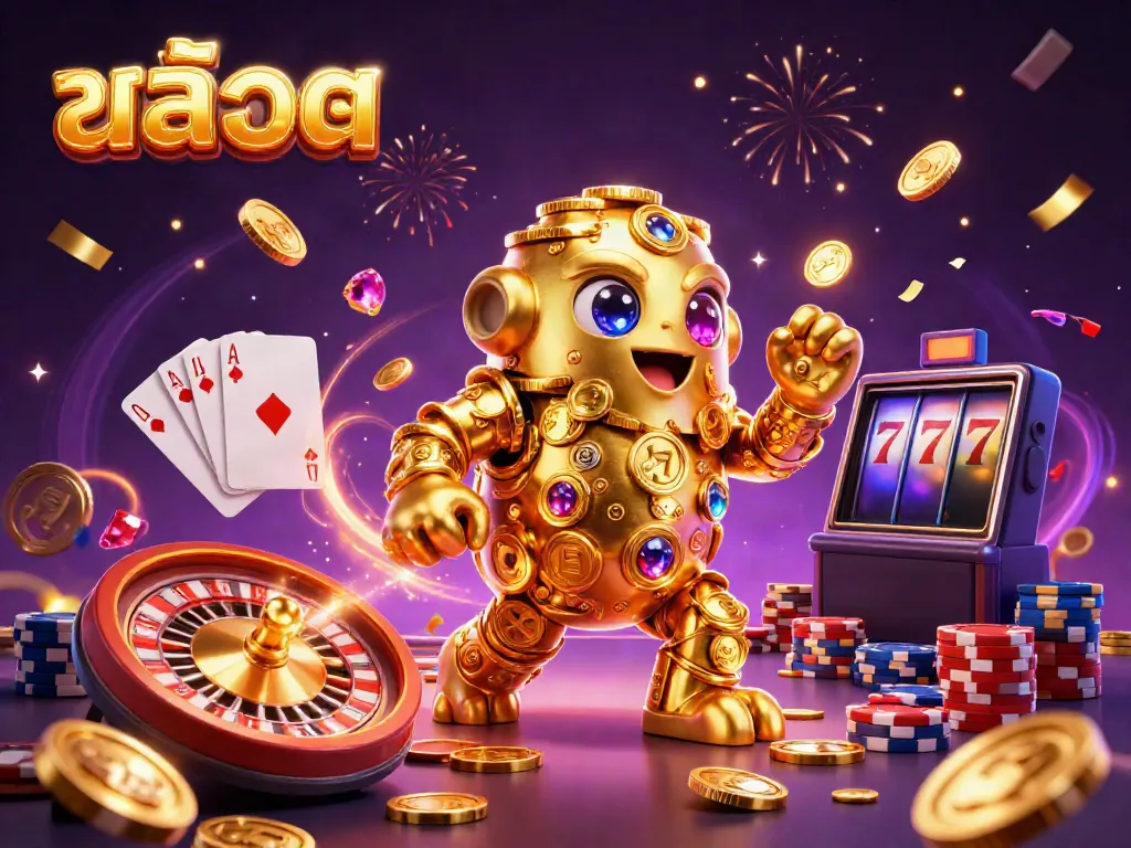 Experience thrilling สล็อต action with a vibrant, dynamic casino scene highlighting a golden golem and exciting game elements.