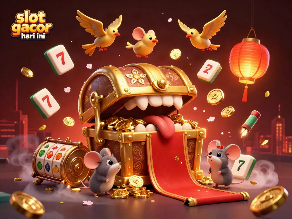 Experience slot gacor hari ini with a golden treasure chest, adventurer mice, and dynamic casino elements in this vibrant scene.