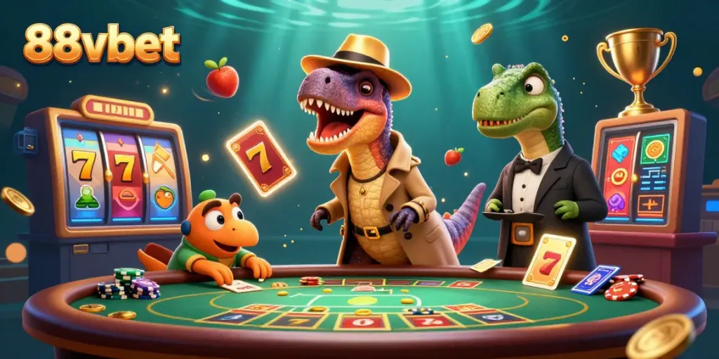 Engage with 88vbet in an action-packed casino scene featuring a velociraptor card counter, drawing viewers into the gaming experience.