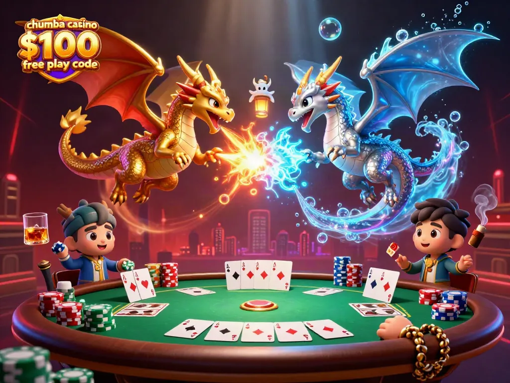 Play with the Chumba Casino $100 free play code among vibrant dragons in a thrilling scene.