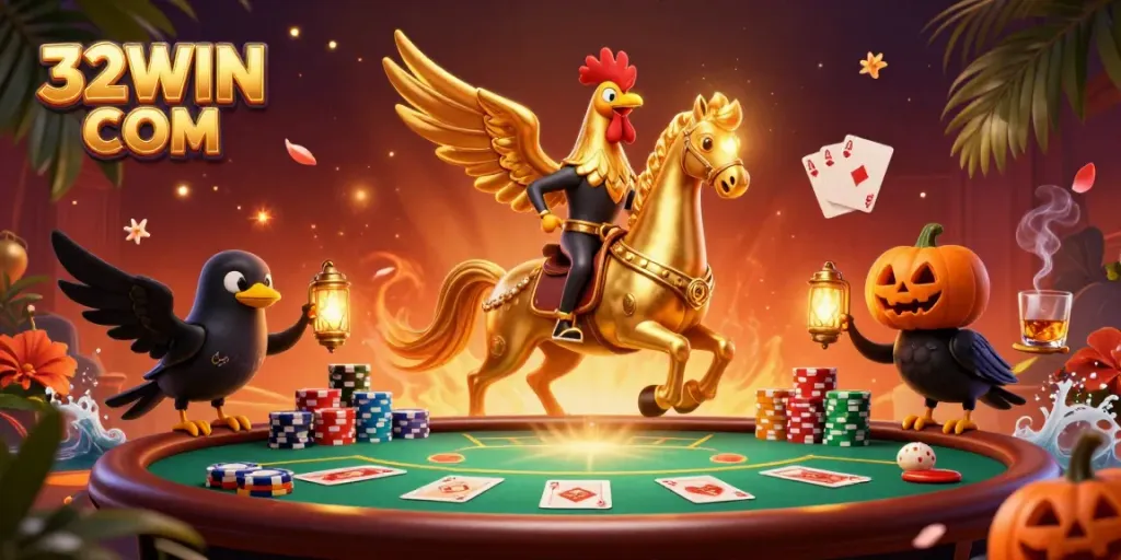 Win big at 32WIN COM with a thrilling golden rooster and a poker-filled casino atmosphere.