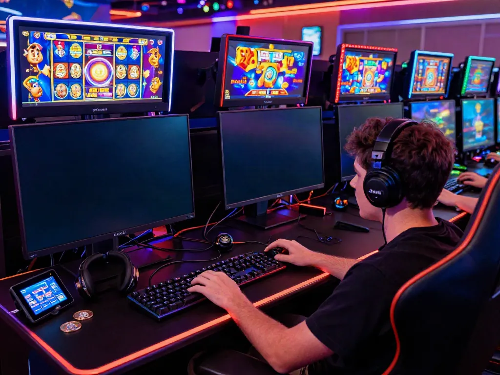 Player enjoying slot777 online gaming with vibrant graphics and accessories.
