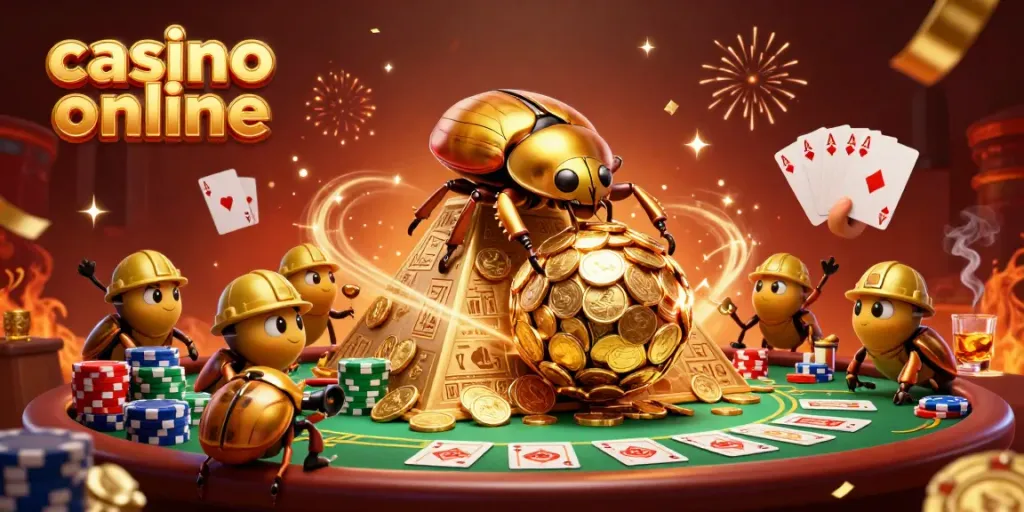 Engaging scene of a golden dung beetle and its team amidst vibrant casino elements, showcasing casino online excitement.