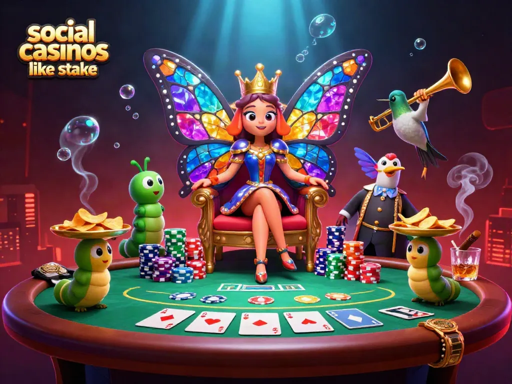 Play at social casinos like Stake with vibrant scenes featuring colorful characters and gaming elements.