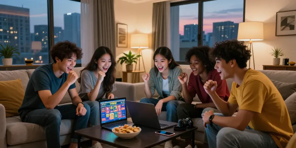 Toto togel gaming experience with friends enjoying online betting in a modern living room.