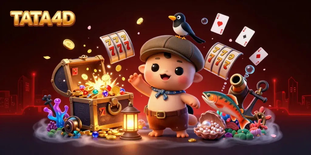 TATA4D slots illustration with a playful 3D Nessie, a magpie, and tartan-wearing salmons amidst gold coins.