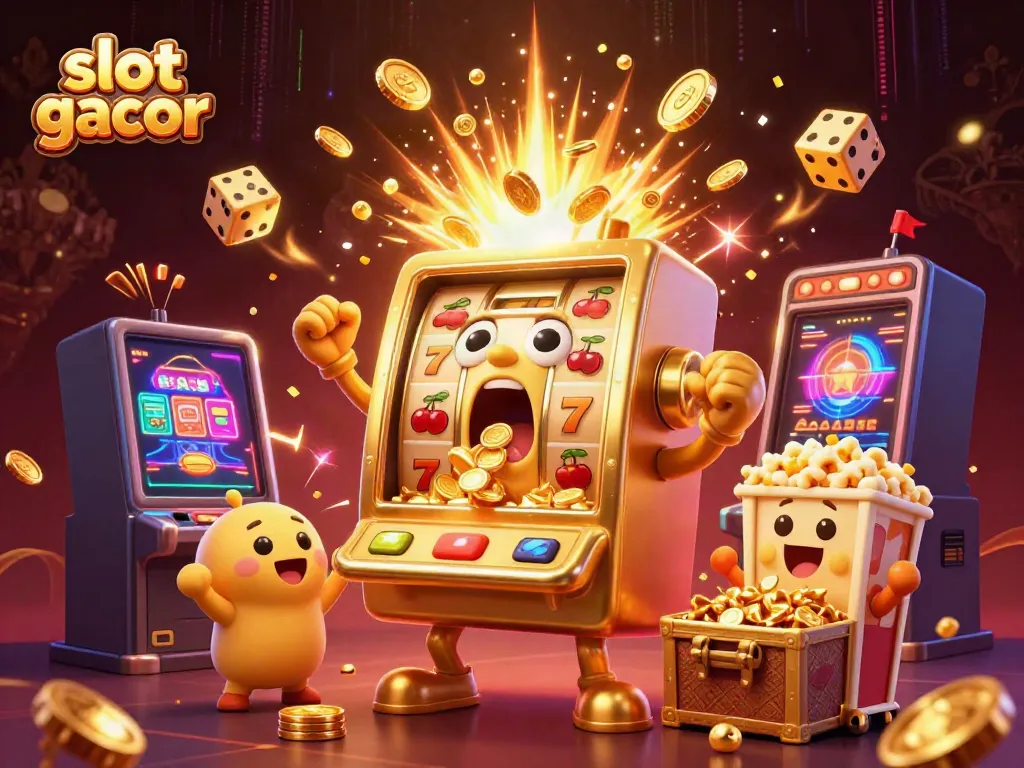 Experience the excitement of slot gacor as a golden slot machine hits the jackpot in a dynamic casino scene.