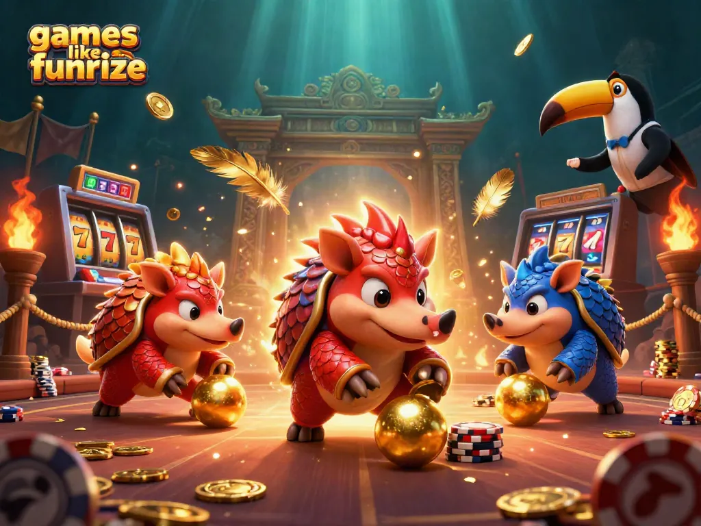 Engage with games like Funrize in a vibrant casino scene featuring animated pangolins.