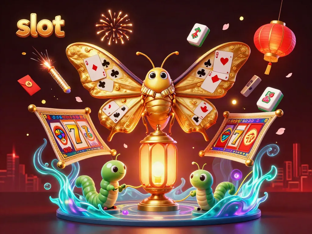 Engage with vibrant slot-themed imagery showcasing playful moths amid casino elements.
