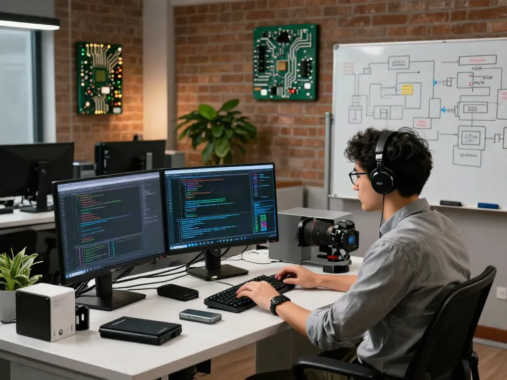 Cybercrime investigation workspace with analyst using monitors to analyze security data and forensics tools.