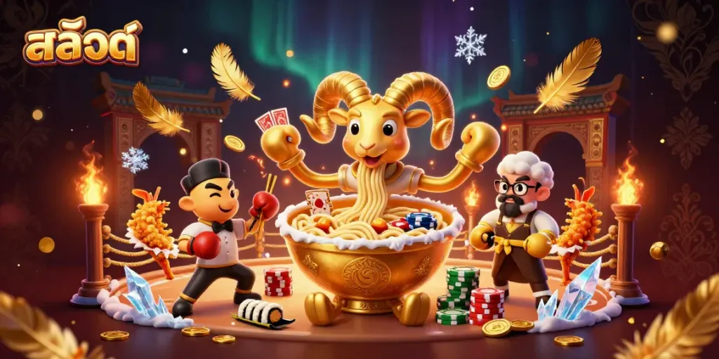 Engaging scene of สล็อต with giant ramen bowl character and winning elements, perfect for casino promotion.