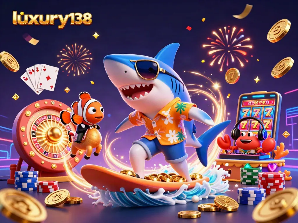 Immerse in luxury138 with this dynamic scene of a hammer-head shark surfing on gold coins.