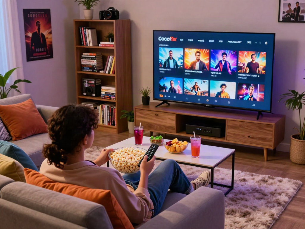 Enjoying Cocoflix streaming on a cozy living room couch with snacks nearby.