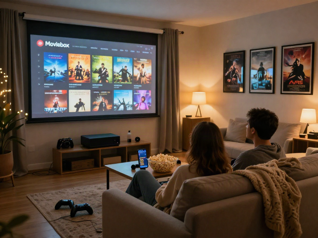 Cozy home theater scene showcasing Moviebox streaming interface with couple enjoying movie night.