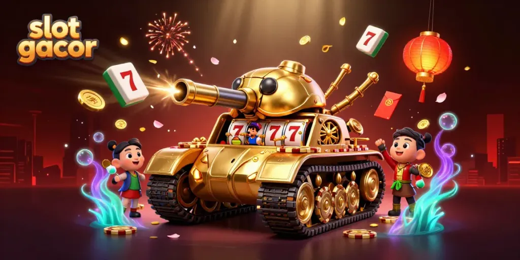 Experience the excitement of slot gacor with a vibrant 3D animated casino scene featuring a golden beetle tank and confetti.