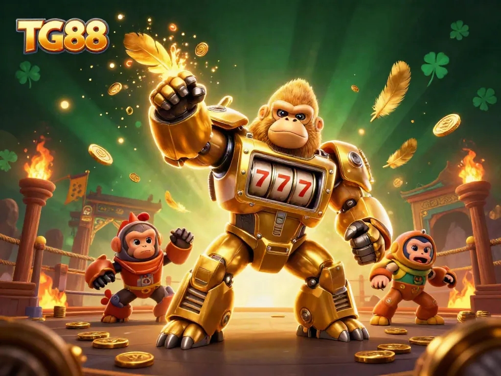 Experience thrilling gameplay at TG88 with a dynamic golden gorilla mech punching upwards, surrounded by vibrant casino elements.