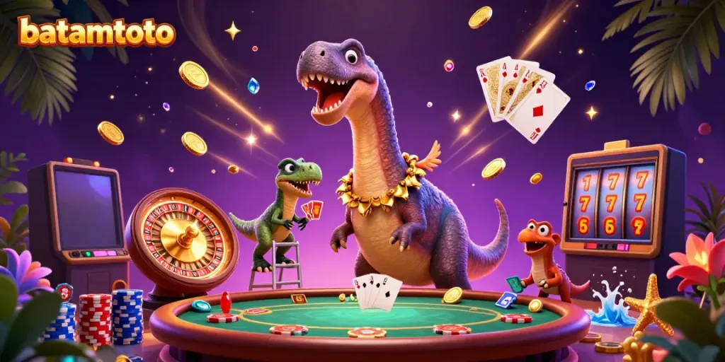 Experience batamtoto thrills with a giant brontosaurus and a clever raptor dealing poker in a vibrant casino.