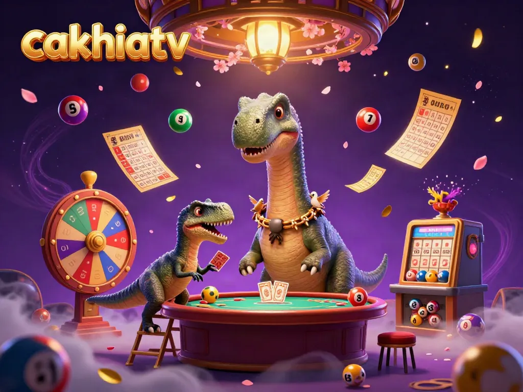 Engage with cakhiatv in a dynamic 3D casino scene featuring cartoon dinosaurs amidst games and excitement.