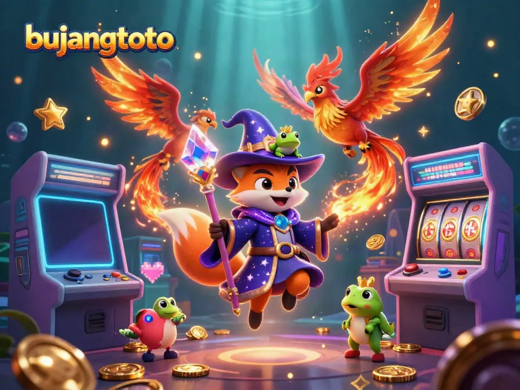 Engage with bujangtoto's magical world of online gaming, featuring vibrant characters and retro gaming elements.