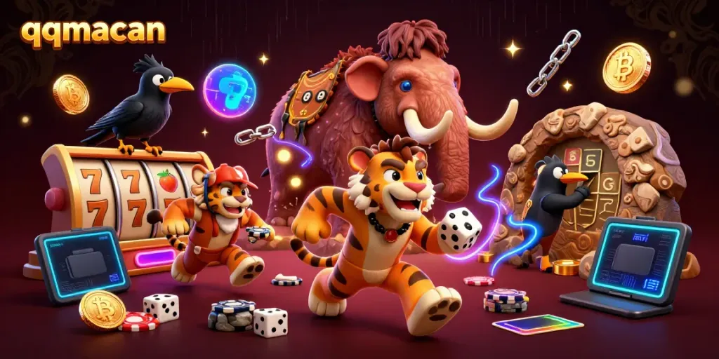 Engage with qqmacan's thrilling prehistoric casino featuring vibrant slot machines and crypto elements.