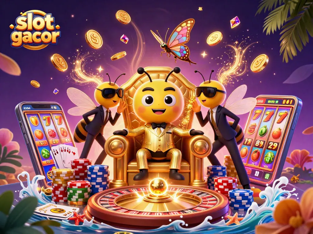 Experience the excitement of slot gacor games with golden coins and lively characters in a vibrant 3D casino scene.