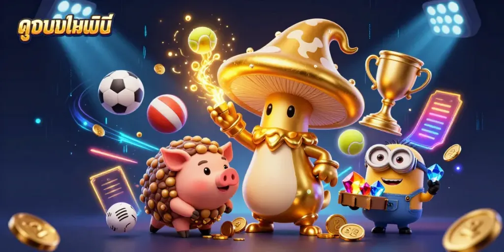 Engage in live sports magic with a golden wizard and treasures amidst dynamic sports elements for ดูบอลออนไลน์.