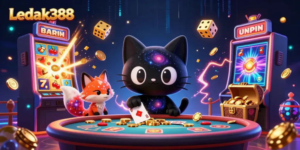 Experience the excitement of Ledak388's cosmic casino with vibrant characters and dynamic game elements.