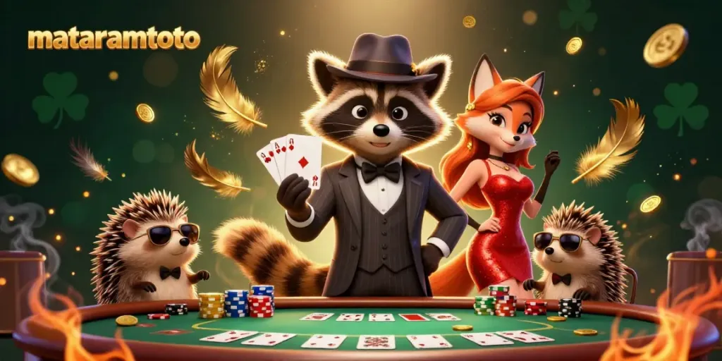 Play poker with mataramtoto featuring a suave raccoon, charming fox, and bouncer in a vibrant casino scene.